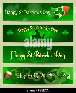 St.Patrick's Day banner con set di simboli per le vacanze e la formulazione felice per il giorno di San Patrizio. Free font utilizzato. Illustrazione Vettoriale