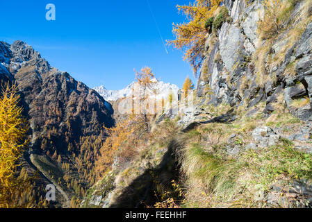 Camminare alto oltre il Lago di Cheggio in Valle Antrona, Piemonte (Italia) con splendida vista sulle Alpi italiane e svizzere Foto Stock