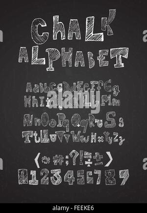 Disegnata a tratteggio chalk alfabeto, vettore di lettere maiuscole, minuscole, numeri e simboli Illustrazione Vettoriale