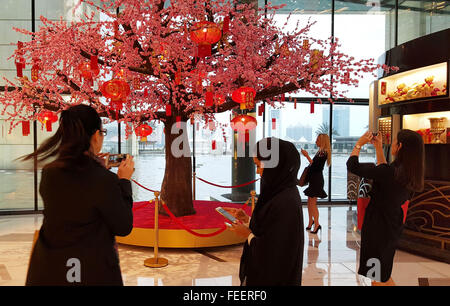 Abu Dhabi. 3 febbraio, 2016. Foto scattata nel Febbraio 3, 2016 mostra le decorazioni pieno di elementi Cinesi presso la Galleria per lo shopping di lusso nel centro commerciale Abu Dhabi, negli Emirati Arabi Uniti (EAU). Negozi, centri commerciali e centri turistici tra gli Emirati arabi uniti sono iniziate il Giovedì feste per i visitatori cinesi e residenti a segnare l'inizio di quest'anno il Festival della Primavera Cinese. © Ma Xiping/Xinhua/Alamy Live News Foto Stock