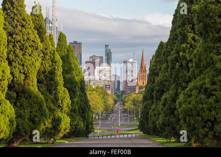 MELBOURNE - Jan 31 2016: vista di Melbourne CBD dal Tempio della Rimembranza (una persona in esecuzione) Foto Stock