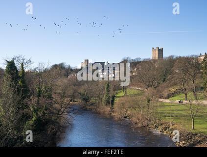 Uno stormo di uccelli sorvolano Richmond Castle e il fiume Swale, North Yorkshire, Inghilterra, Regno Unito Foto Stock