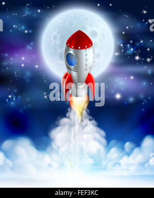 Una illustrazione di un cartoon di sollevamento a razzo su off o il lancio di fronte a una luna piena Foto Stock