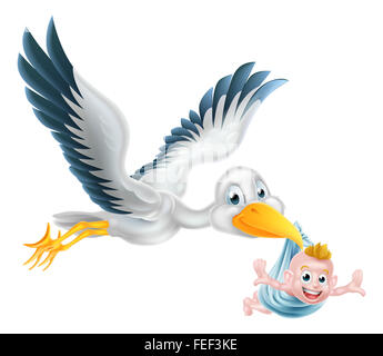 Un felice cartoon stork uccello carattere animale volare attraverso l'aria tenendo un bambino di neonato. Mito classico di Stork bird consegna Foto Stock