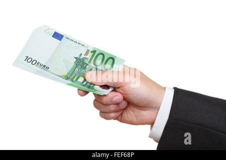 La mano di imprenditore tenendo un centinaio di banconote in euro, isolata su uno sfondo bianco, percorso di clipping incluso. Foto Stock