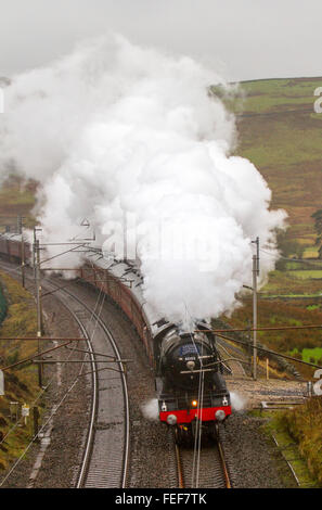 FLYING SCOTSMAN percorre la linea principale della costa occidentale a Carlisle. Il leggendario Flying Scotsman LNER treno facendo un viaggio lungo il Settle Carlisle Railway come parte dei test a seguito di una £4,2 milioni di pound il ripristino guidato da dal National Railway Museum. Foto Stock
