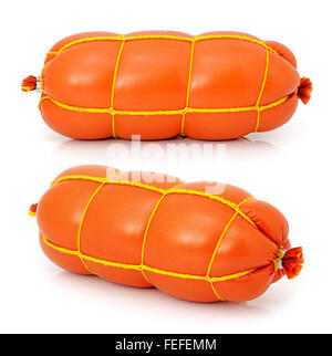 Bollito di salsiccia isolato su uno sfondo bianco. Collage Foto Stock