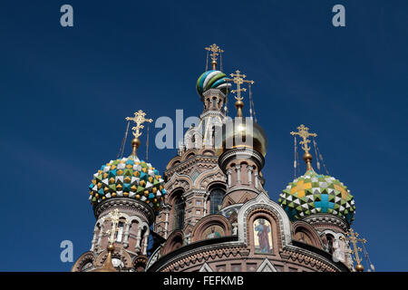 Le guglie e cupole della chiesa del Salvatore sul Sangue versato, sul canale Griboedov, San Pietroburgo, Northwestern, Russia. Foto Stock
