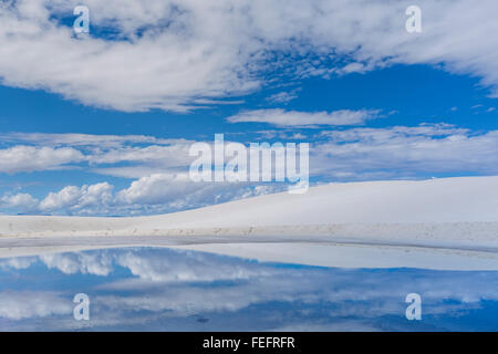 Cielo blu e nuvole riflettono in un pool creato dai recenti piogge in White Sands National Monument, Nuovo Messico, STATI UNITI D'AMERICA Foto Stock