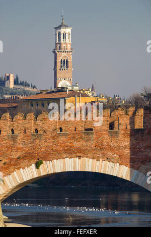 Vista sopra il ponte medievale e la torre a Verona Foto Stock