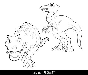 Carino gruppo vettore di dinosauri cartoon molte azioni.Tirannosauro lesothosaurus styracosaurus iguanodon stegosaurus diplodocus allosaurus thrinaxodon Illustrazione Vettoriale