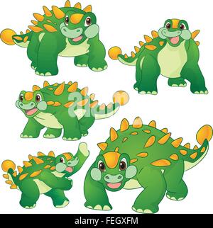 Carino gruppo vettore di dinosauri cartoon molte azioni.Tirannosauro lesothosaurus styracosaurus iguanodon stegosaurus diplodocus allosaurus thrinaxodon Illustrazione Vettoriale