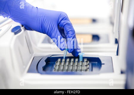 Scienziato con la copia del DNA, la PCR in tempo reale cycler, vicino shot Foto Stock