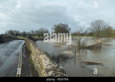 Lacock Abbey, Lacock, Wiltshire, Regno Unito. 7 febbraio 2016. Inondazioni in profondità su terreni agricoli e i vicoli intorno allo storico proprietà del National Trust, Lacock Abbey cause difficili condizioni di guida per gli automobilisti. L'inarrestabile heavy rain negli ultimi 12 ore ha provocato il fiume Avon a raffica si tratta di banche di inondazione del paese road. Credito: Wayne Farrell/Alamy Live News Foto Stock