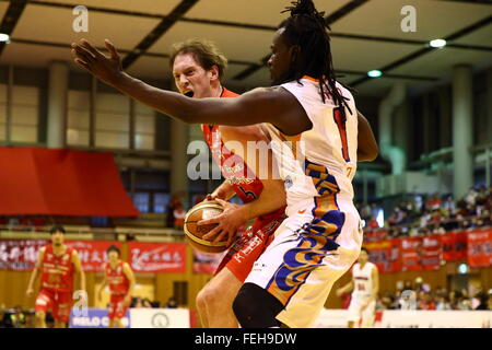 (L a R) Rick Rickert (jet), Haminn Quaintance (libellule), 7 febbraio 2016 - Basket : National Basketball League 'NBL' 2015-2016 tra getti di Chiba 70-69 HIROSHIMA libellule in città Yachiyo palestra, Chiba, Giappone. (Foto di AFLO SPORT) Foto Stock