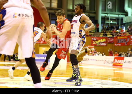 (L a R) Clint Chapmen (jet), Nyika Williams (libellule), 7 febbraio 2016 - Basket : National Basketball League 'NBL' 2015-2016 tra getti di Chiba 70-69 HIROSHIMA libellule in città Yachiyo palestra, Chiba, Giappone. (Foto di AFLO SPORT) Foto Stock