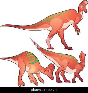 Carino gruppo vettore di dinosauri cartoon molte azioni.Tirannosauro lesothosaurus styracosaurus iguanodon stegosaurus diplodocus allosaurus thrinaxodon Illustrazione Vettoriale