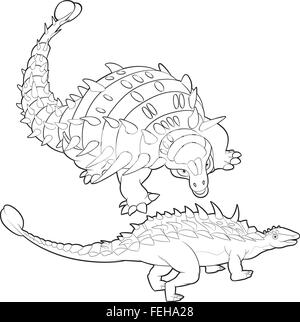 Carino gruppo vettore di dinosauri cartoon molte azioni.Tirannosauro lesothosaurus styracosaurus iguanodon stegosaurus diplodocus allosaurus thrinaxodon Illustrazione Vettoriale