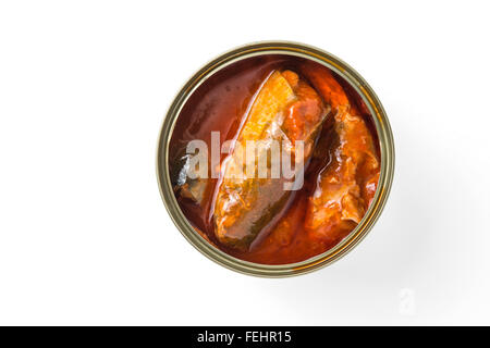 Aprire può di sardine in salsa di pomodoro Foto Stock