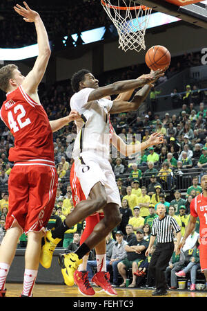 Febbraio 7, 2016: Oregon Ducks avanti Giordania campana (1) fa un layup nel traffico durante il NCAA pallacanestro tra le anatre e le Utah Utes a Matt Knight Arena, Eugene, o Foto Stock