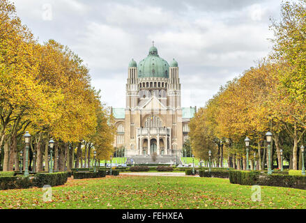 Vista sulla Basilica del Sacro Cuore da Elisabeth Park con giallo thees, Bruxelles, Belgio Foto Stock