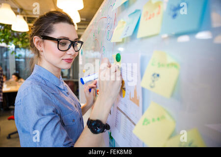 Giovane donna redazione di business plan su lavagna in office Foto Stock