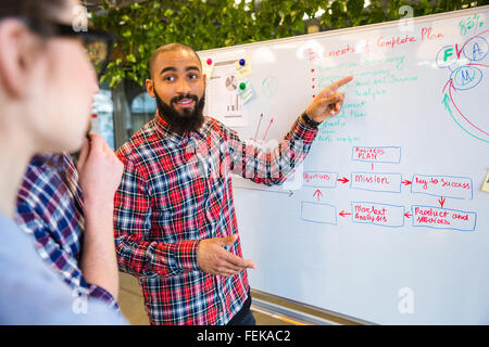 Felice afro american presentazione di business plan sulla lavagna per i suoi colleghi in ufficio Foto Stock