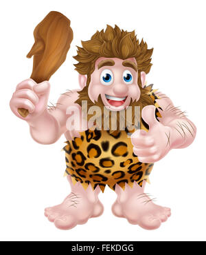 Caveman cartoon in una pelle animale dando un pollice in alto e tenendo un club. Foto Stock