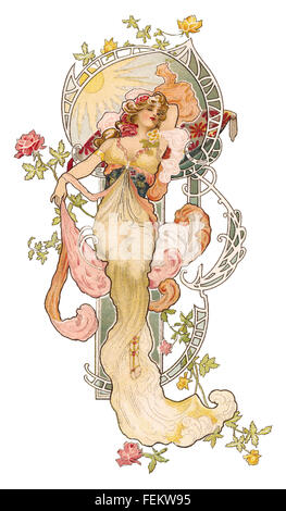 Un art nouveau illustrazione da Eva Daniell di una bella donna circondata da fiori e forme ornamentali. Foto Stock