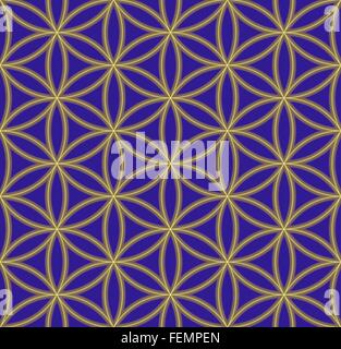 Vettore di colore oro induismo geometria sacra fiore della vita seamless pattern sfondo blu Illustrazione Vettoriale