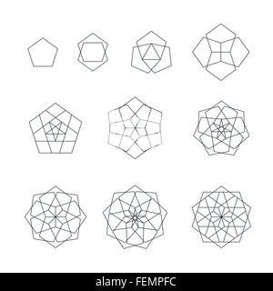 Vector pentagono contorno nero monocromatico variazioni di geometria sacra decorazione raccolta di elementi isolati sfondo bianco Illustrazione Vettoriale