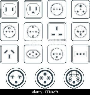 Vettore grigio scuro varie presa di alimentazione tipi di ingresso Imposta icona sfondo bianco Illustrazione Vettoriale