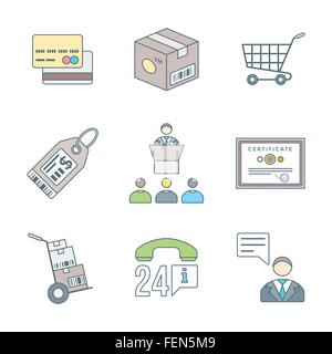 Vector contorno colorato design distribuzione business marketing illustrazione del processo set di icone sfondo bianco Illustrazione Vettoriale