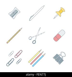 Vector contorno colorato varie icone di cancelleria impostare lo sfondo bianco Illustrazione Vettoriale