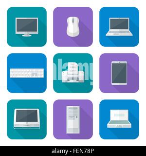 Vector design piatto colore vari gadget computer periferiche per ufficio set di icone di lunga ombra Illustrazione Vettoriale
