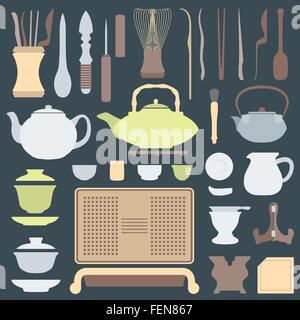 Vettore colori solidi della cerimonia del tè di strumenti e apparecchiature impostato Illustrazione Vettoriale