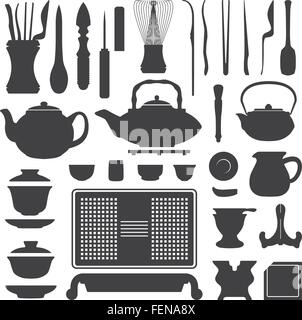 Il vettore della cerimonia del tè di strumenti e apparecchiature silhouette impostato Illustrazione Vettoriale