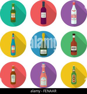 Design piatto bottiglie di alcol set di icone Illustrazione Vettoriale