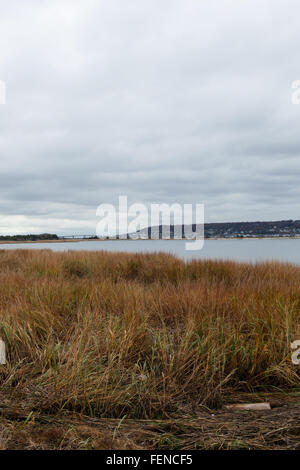 La baia di Sandy Hook durante la bassa marea con la Atlantic Highlands in background Foto Stock