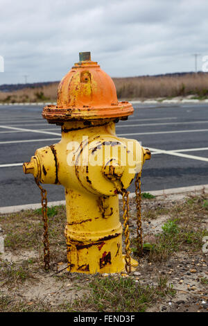 Un giallo brillante fire plug si siede accanto a un vuoto di parcheggio Foto Stock