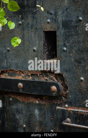 Rusty vecchio nero ferro battuto porta con viti Foto Stock