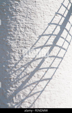 Un braccio di ombra su windmil parete dipinta di bianco. Campo de Criptana, Ciudad Real Provincia, Castilla La Mancha, in Spagna. Foto Stock