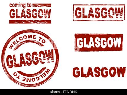 Set di inchiostro stilizzata timbri che mostra la città di Glasgow Illustrazione Vettoriale