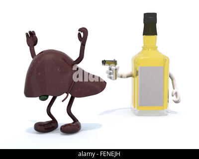 Whiskey bottiglia con bracci a colpi di pistola per il fegato umano, 3d illustrazione Foto Stock