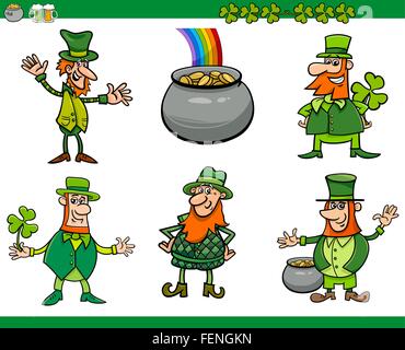 Cartoon illustrazione dei caratteri Leprechaun e San Patrizio giorno temi impostati Illustrazione Vettoriale