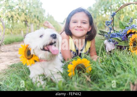 Ritratto di ragazza e cane giacente in vigna con girasoli Foto Stock