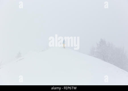 Uno sciatore è lo sci in una nebbia meteo. Egli sta prendendo la discesa da un pendio nevoso in montagna. Foto Stock