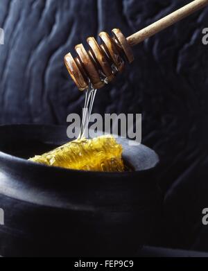 Pettine di miele in pentola con la cucchiaia miele Il miele di gocciolamento Foto Stock