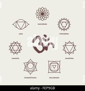 Set di chakra simboli di yoga in semplice stile di contorno con om spazzola a mano la calligrafia. EPS10 vettore. Illustrazione Vettoriale