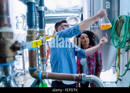 I colleghi nella birreria il controllo di qualità di birra in pallone Foto Stock